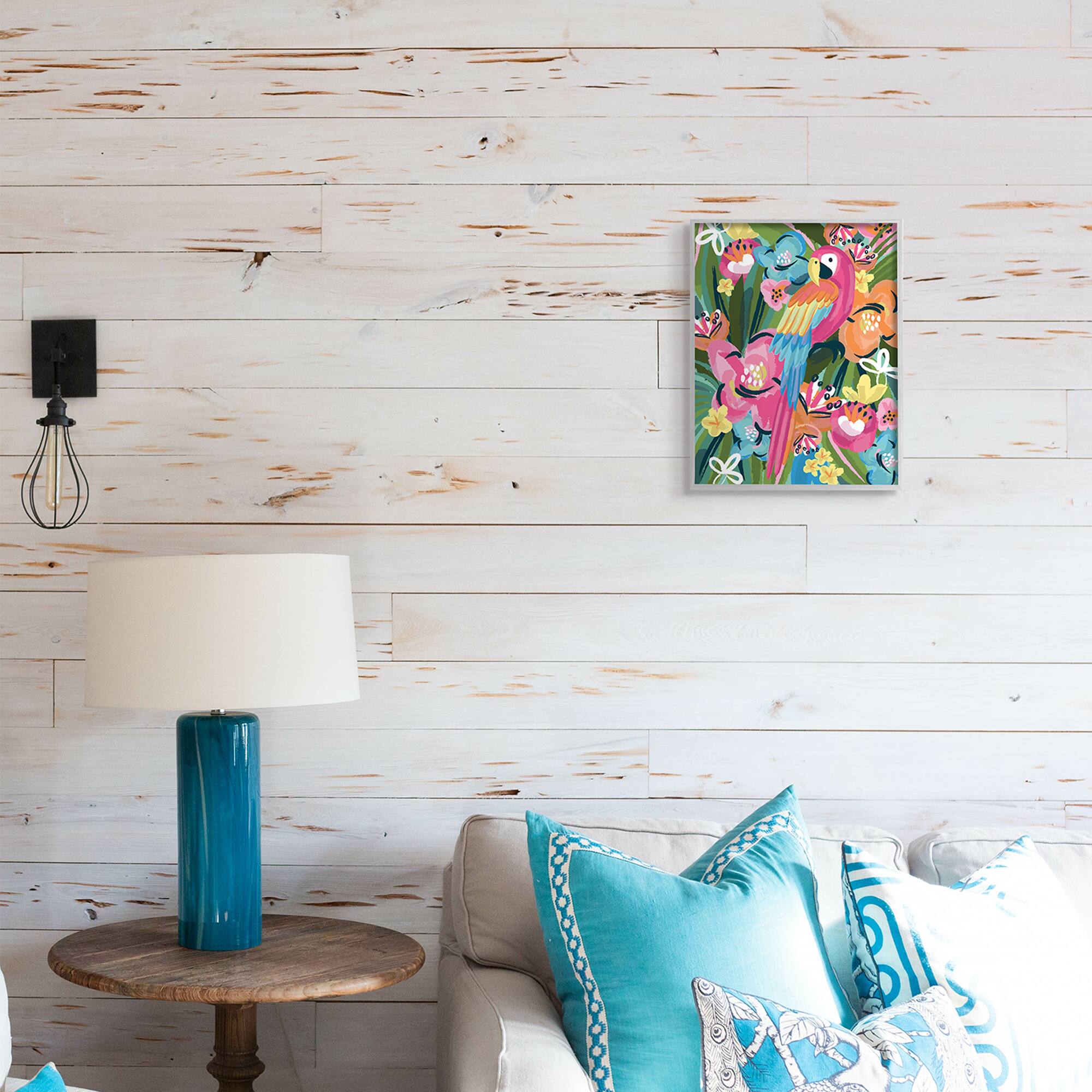 Stupell Industries Tropical Flowers and Parrot Whimsical Florals in Gray Frame Wall Art